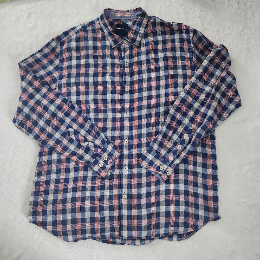 TOMMY BAHAMA Men's Checkered Linen Long Sleeve Button Down Shirt XL Multicolor‎